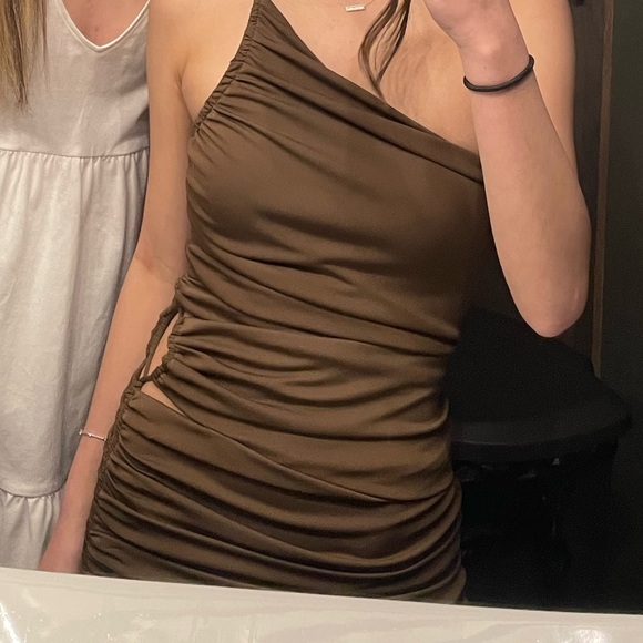 Zara Draped Asymmetric Brown Bodycon Dress - Picture 3 of 4